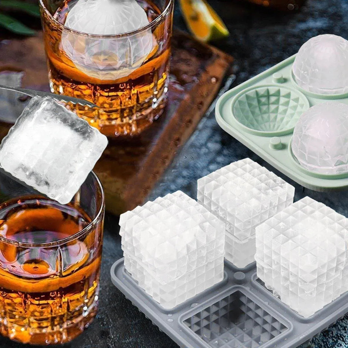 2PCS Silicone Ice Cube Tray Round and Square Ice Ball Maker for Whiskey Cocktails - Blue