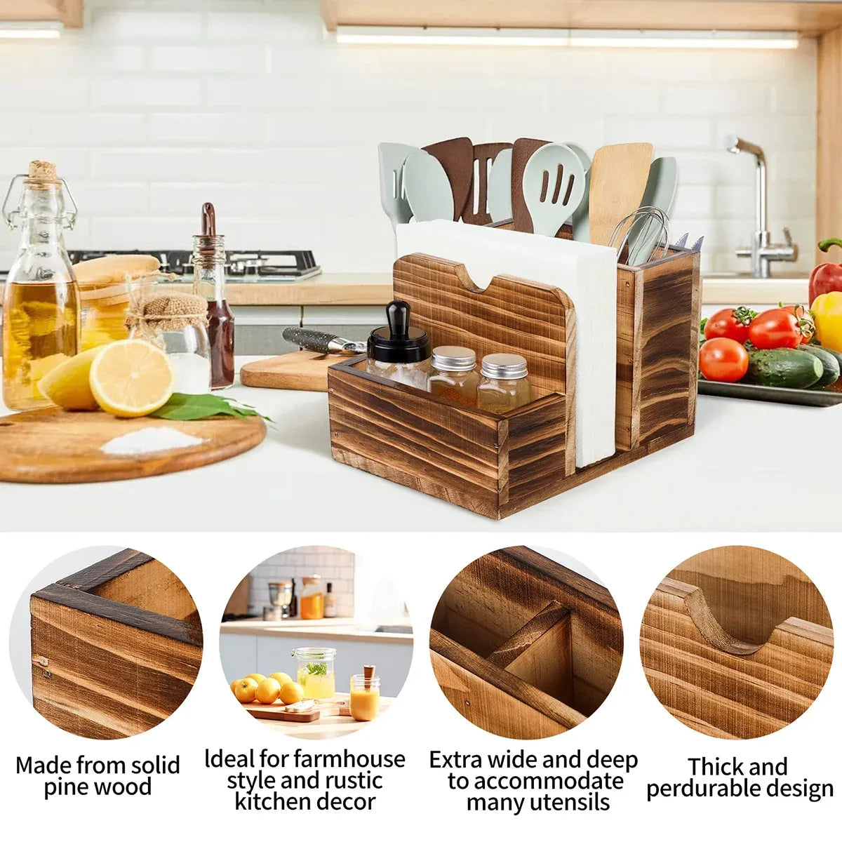Wooden Spice Storage Box Desktop Organiser Rack Kitchen Countertop Container