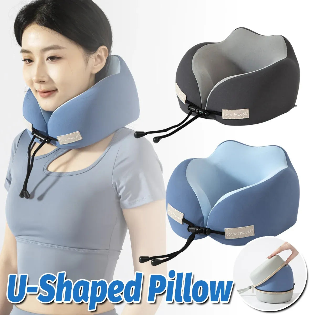 Travel Neck Pillow Memory Foam U Shape Grey Cushion for Airplane Train Support - DarK Blue