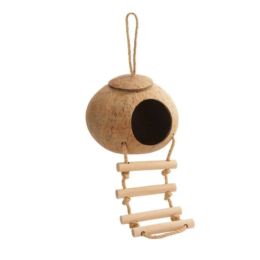 Natural Coconut Bird Nest Cage Pet Parrot Parakeet Safe Hut Feeder Shell Home - Stairs type