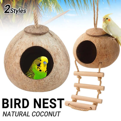 Natural Coconut Bird Nest Cage Pet Parrot Parakeet Safe Hut Feeder Shell Home - Stairs type