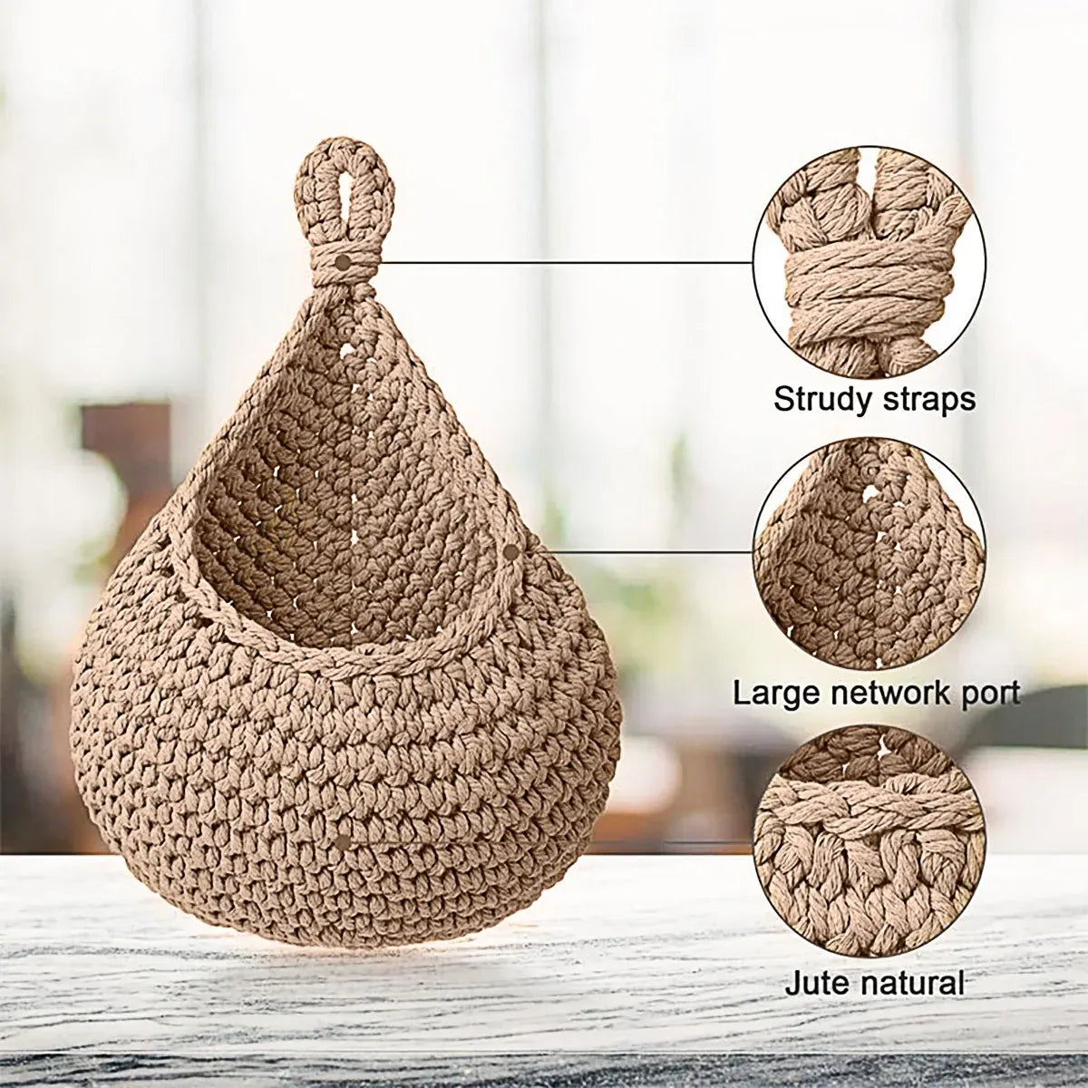 3pcs Boho Hanging Wall Baskets Woven Vegetable Fruit Storage Pouch Kitchen Decor