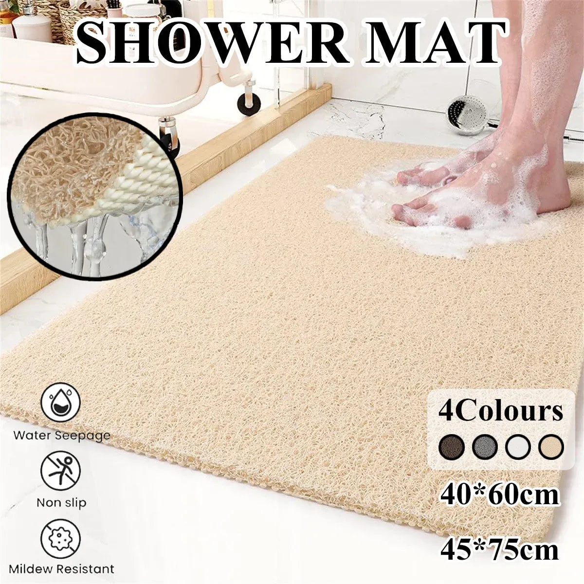 Anti Slip Bathroom Mat Non Slip Shower Floor Mat Quick Dry Soft Comfortable Rug - Beige-40x60cm