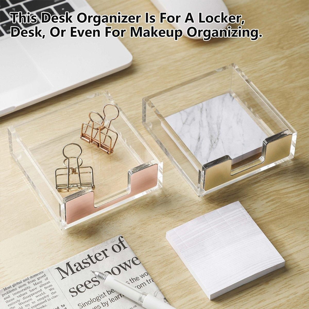 Large Desktop Sticky Note Box Organiser Office Supplies Storage Holder Drawer - Acrylic-Gold