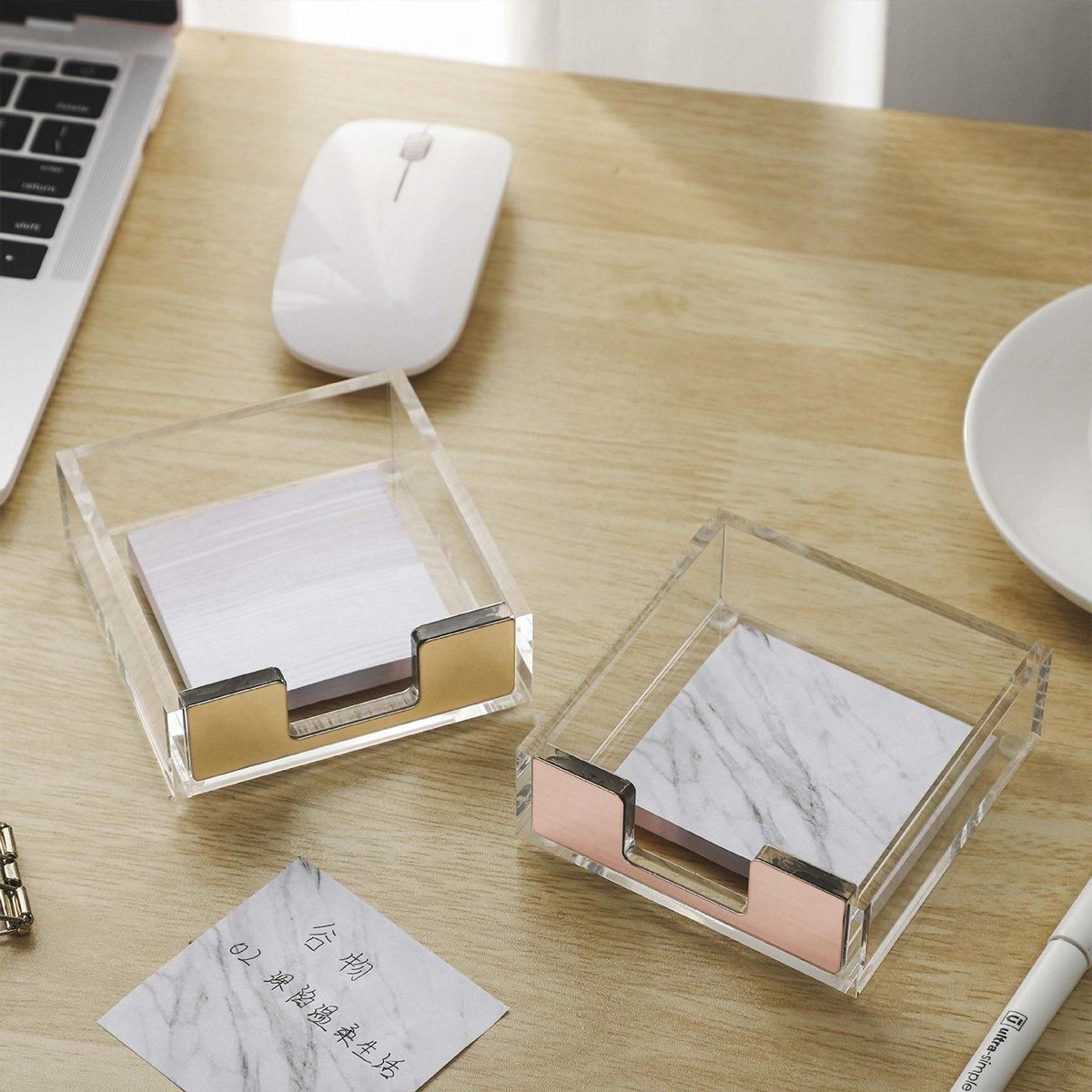 Large Desktop Sticky Note Box Organiser Office Supplies Storage Holder Drawer - Acrylic-Gold
