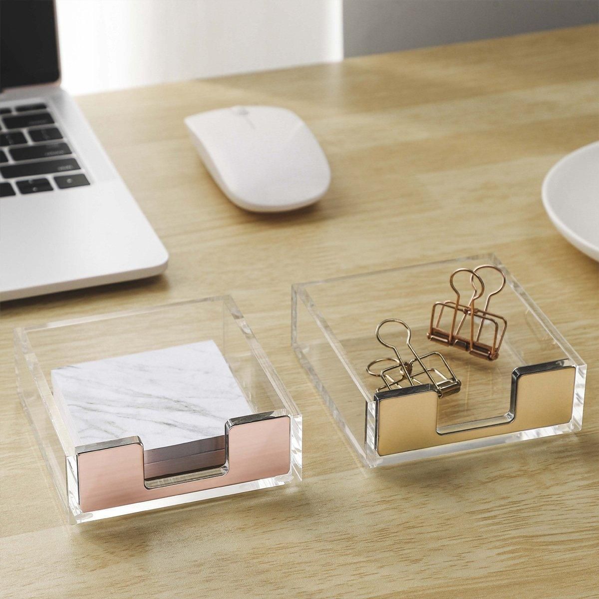 Large Desktop Sticky Note Box Organiser Office Supplies Storage Holder Drawer - Acrylic-Gold