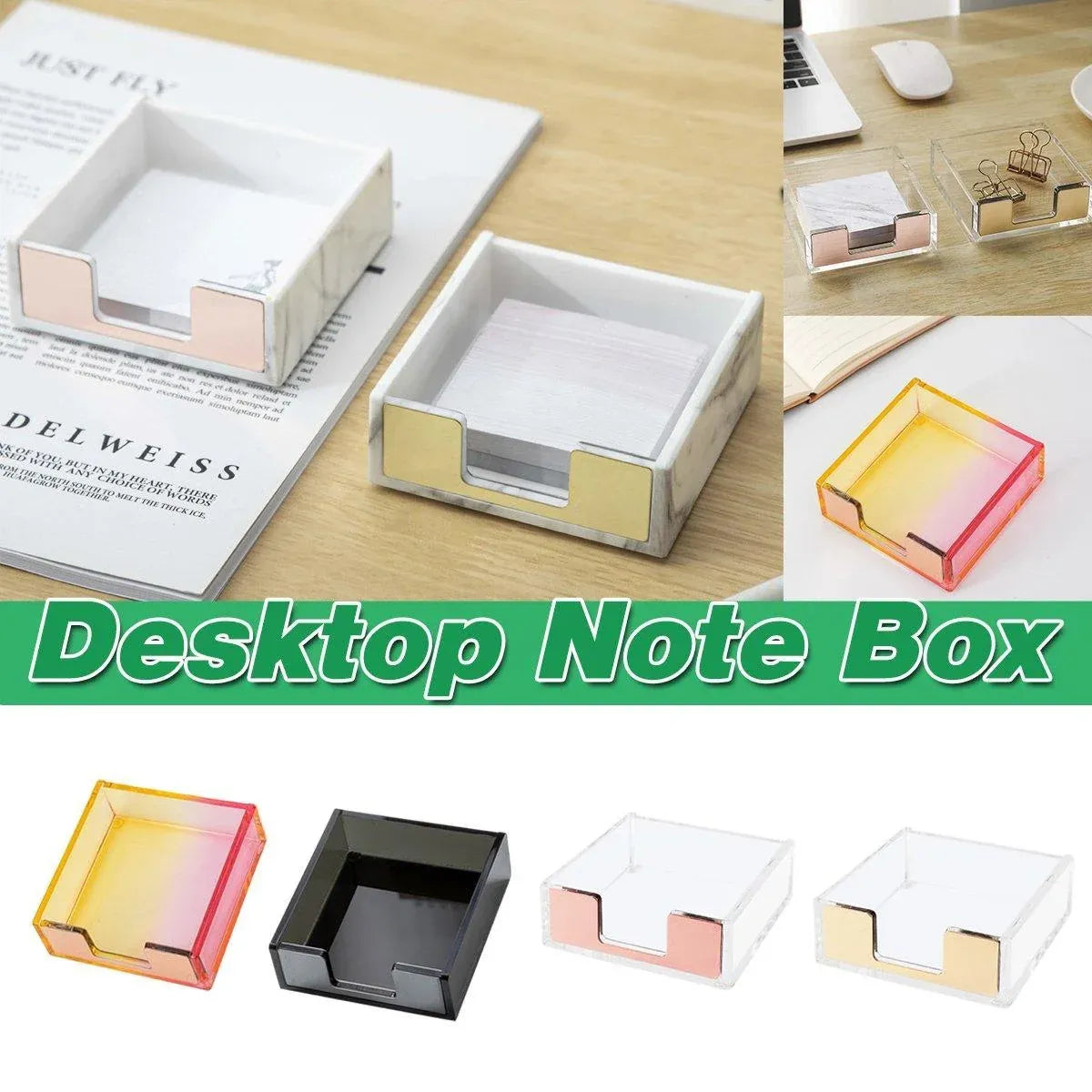 Large Desktop Sticky Note Box Organiser Office Supplies Storage Holder Drawer - Acrylic-Gold