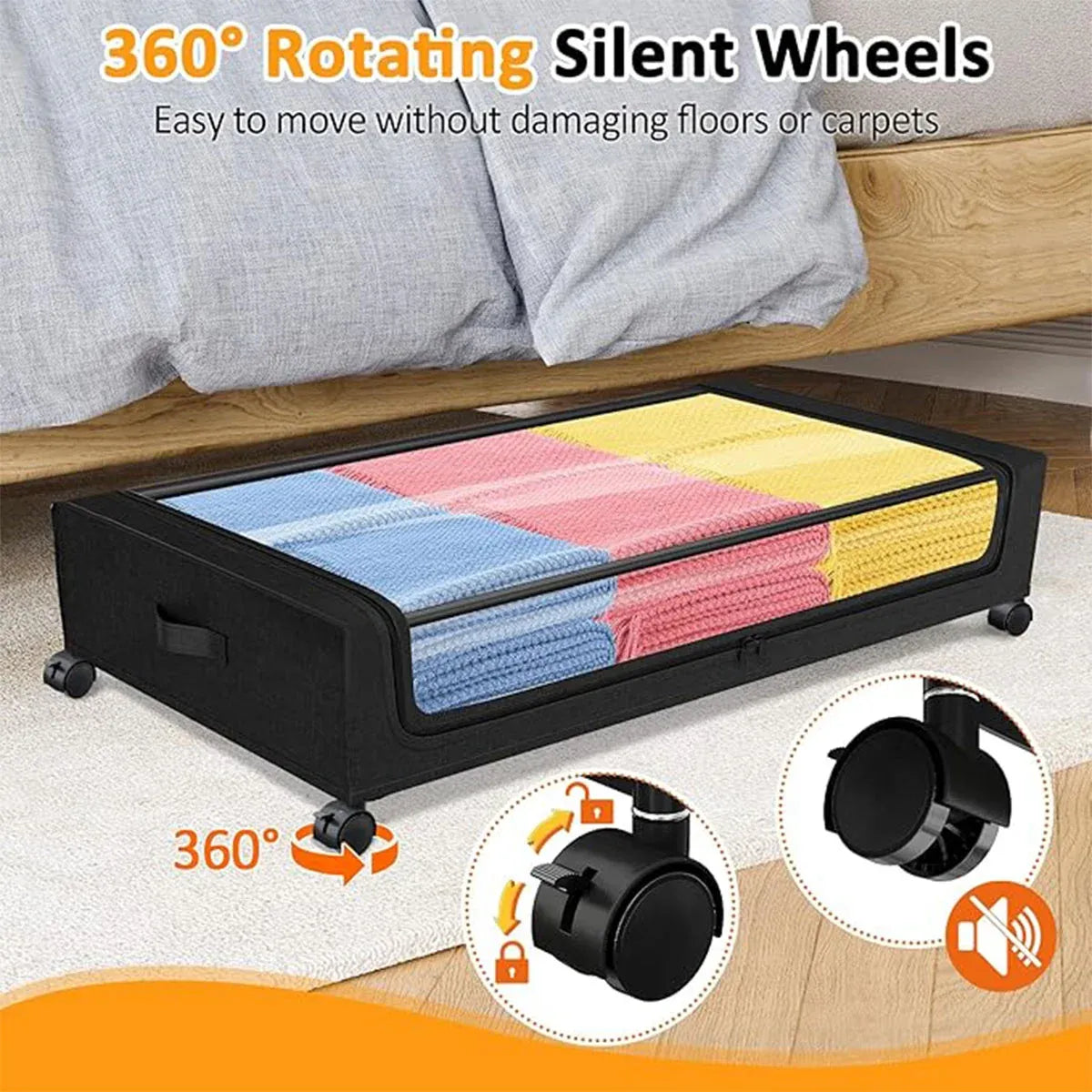 Under Bed Storage Rack Square Design with Wheels Rolling Trolley Box for Home - Black
