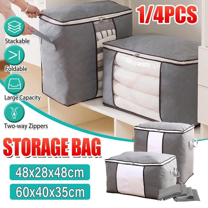 1/4X Bamboo Charcoal Clothes & Quilt Storage Bag with Zipper Box - 2xVertical + 2xHorizontal