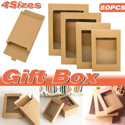 50PCS Kraft Paper Gift Boxes with PVC Window White Black Bakery Packaging Carton - S
