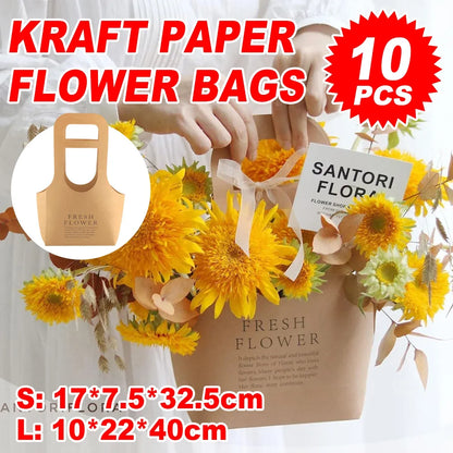 10PCS Handheld Kraft Paper Flower Gift Bags Natural Finish for Bouquets - L