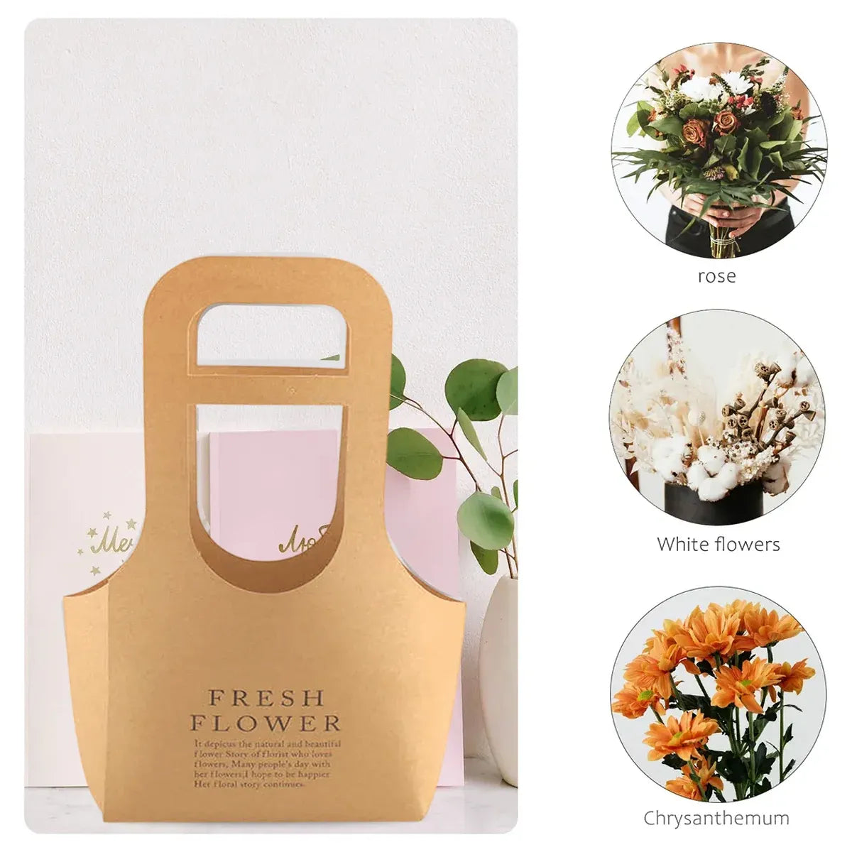 10PCS Handheld Kraft Paper Flower Gift Bags Natural Finish for Bouquets - L