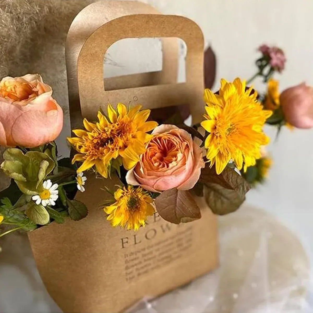 10PCS Handheld Kraft Paper Flower Gift Bags Natural Finish for Bouquets - L