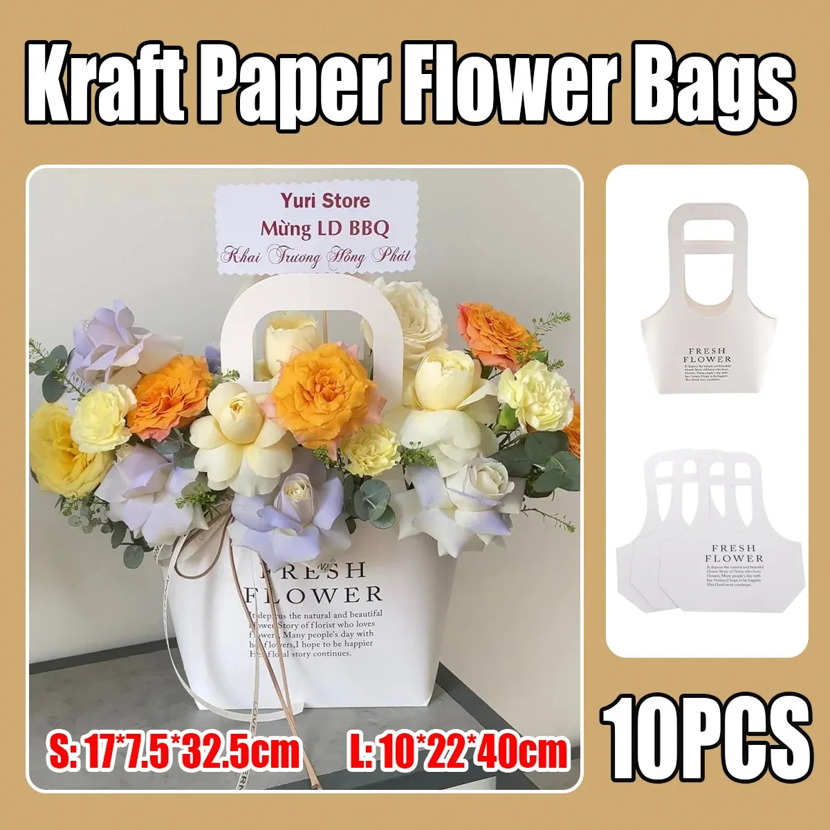 10PCS Handheld Kraft Paper Flower Bags for Bouquet Gift Wrapping - L