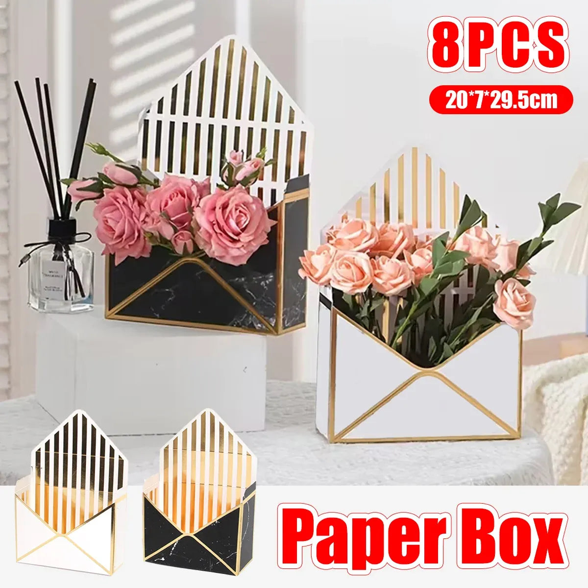 Envelope Flower Box Gift Packaging Floral Display Holder Wedding Retail 8PCS - Black