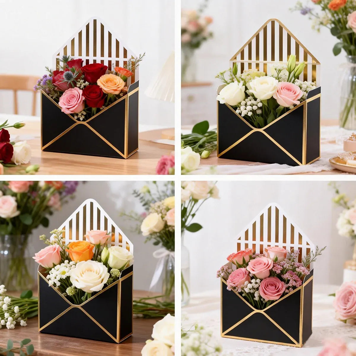 Envelope Flower Box Gift Packaging Floral Display Holder Wedding Retail 8PCS - Black