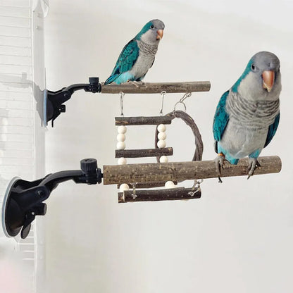 Wooden Parrot Stand Climbing Ladder Swing Toy for Birds Cage Play Accessories - Suction Cup Type