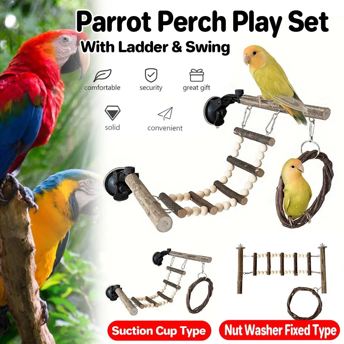 Wooden Parrot Stand Climbing Ladder Swing Toy for Birds Cage Play Accessories - Suction Cup Type