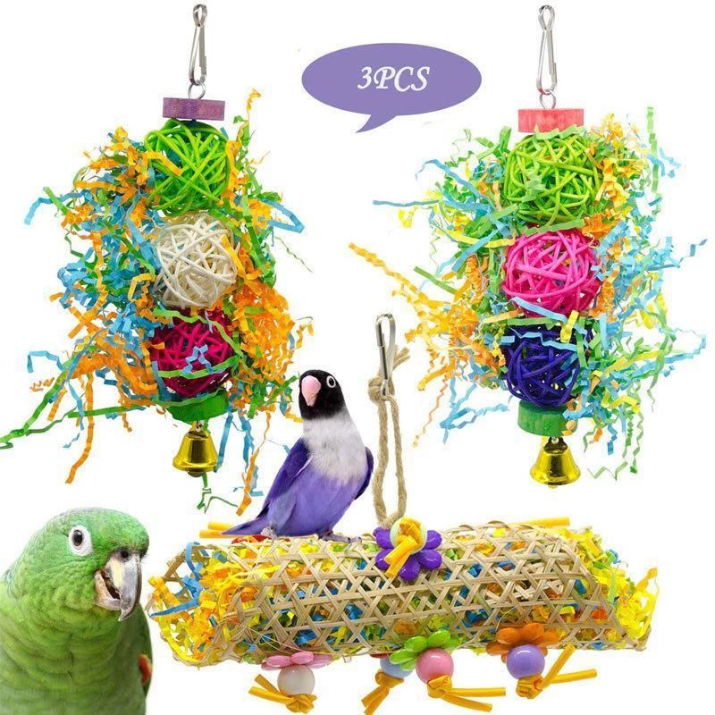 3PCS Bird Parrot Shredding Toys Chewing Foraging Hanging Cage Shredder Bell Toys