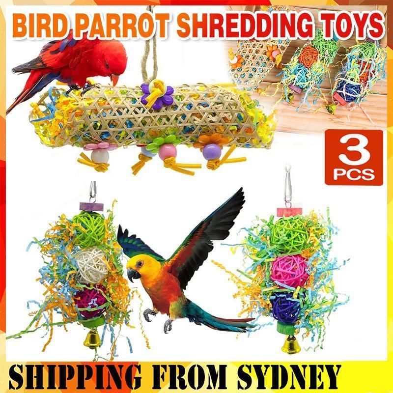 3PCS Bird Parrot Shredding Toys Chewing Foraging Hanging Cage Shredder Bell Toys