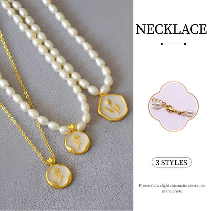 Vintage Bohemian Floral Round Pendant Necklace Women Fashion Chain Jewelry - Pearl-Rose