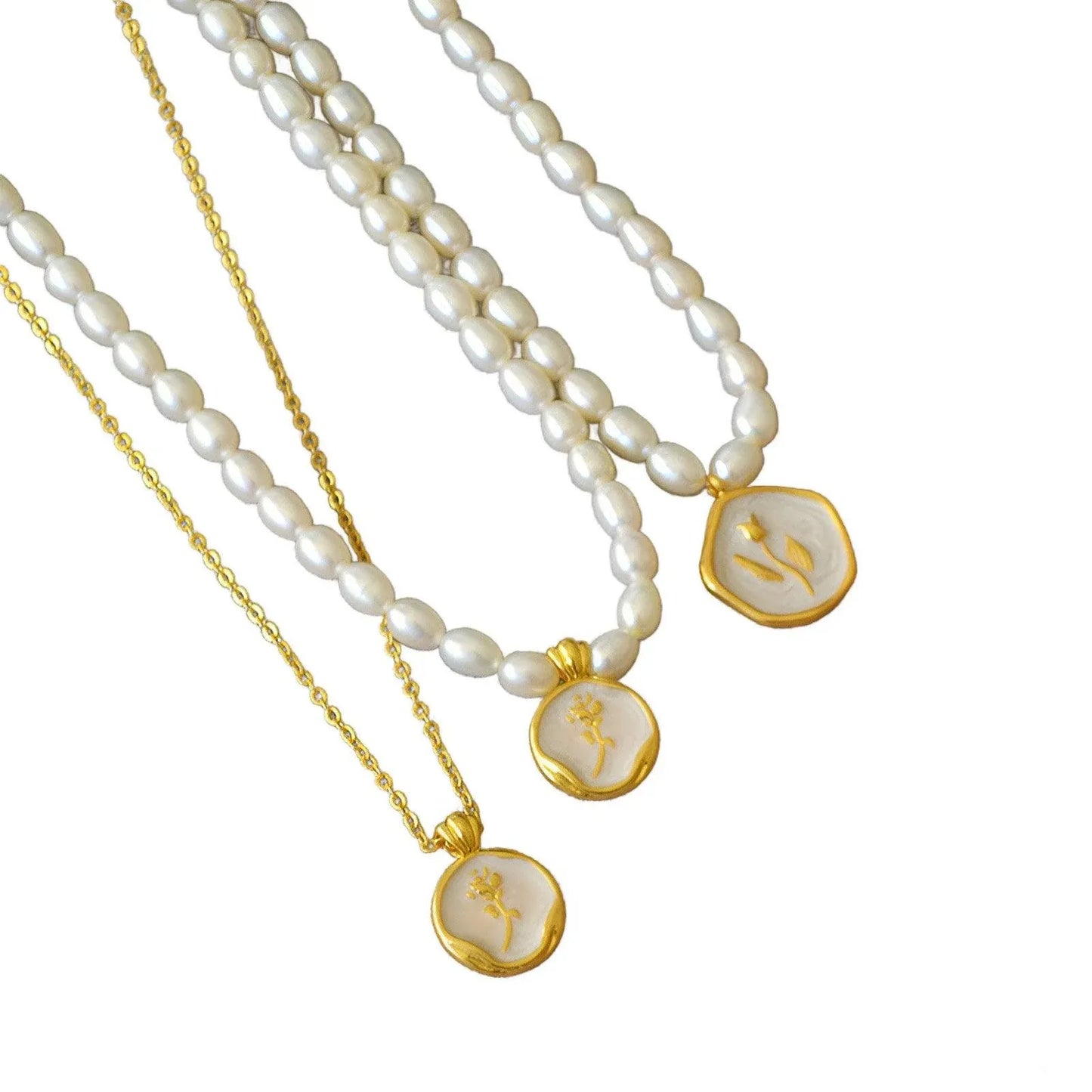 Vintage Bohemian Floral Round Pendant Necklace Women Fashion Chain Jewelry - Pearl-Rose