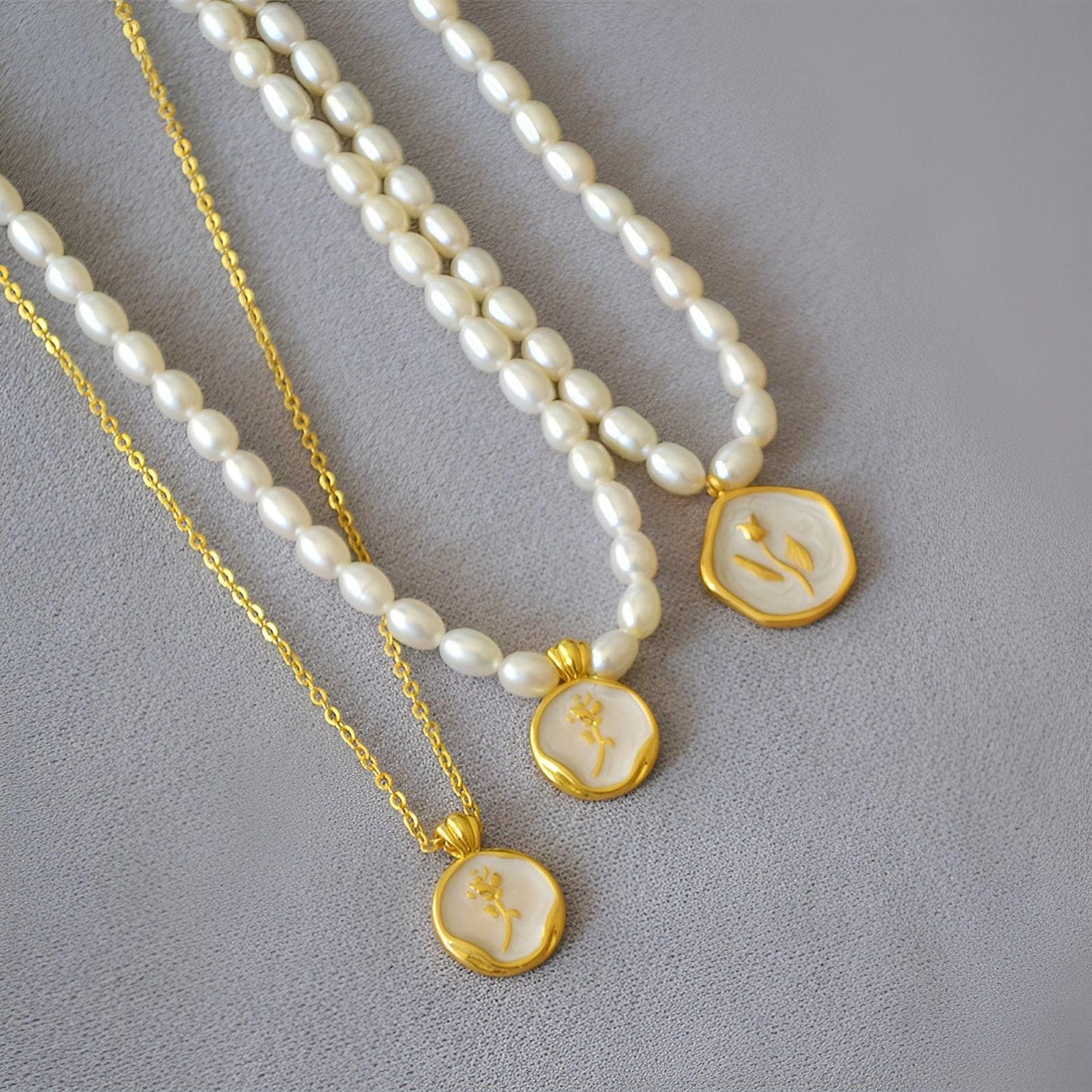 Vintage Bohemian Floral Round Pendant Necklace Women Fashion Chain Jewelry - Pearl-Rose