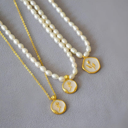 Vintage Bohemian Floral Round Pendant Necklace Women Fashion Chain Jewelry - Pearl-Rose
