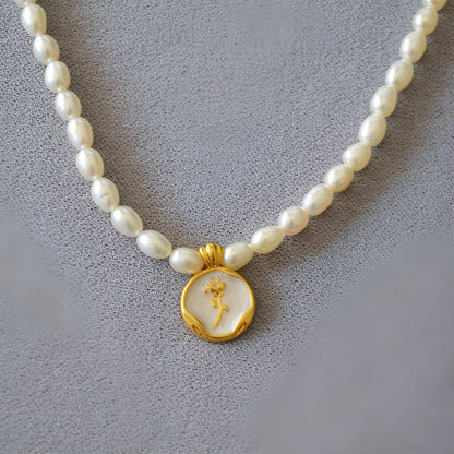 Vintage Bohemian Floral Round Pendant Necklace Women Fashion Chain Jewelry - Pearl-Rose