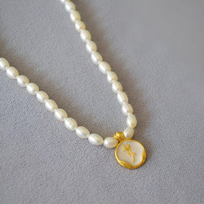 Vintage Bohemian Floral Round Pendant Necklace Women Fashion Chain Jewelry - Pearl-Rose