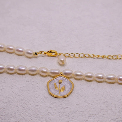 Vintage Bohemian Floral Round Pendant Necklace Women Fashion Chain Jewelry - Pearl-Rose