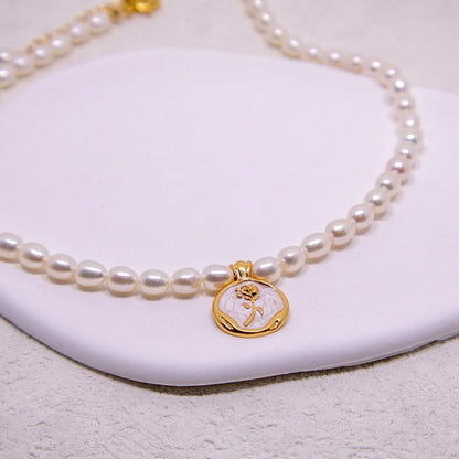 Vintage Bohemian Floral Round Pendant Necklace Women Fashion Chain Jewelry - Pearl-Rose