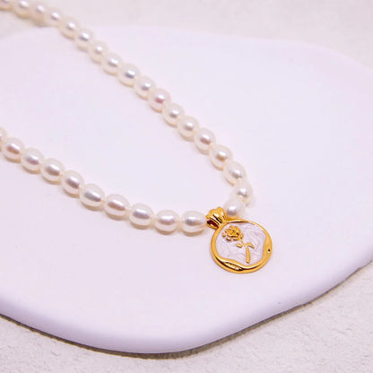 Vintage Bohemian Floral Round Pendant Necklace Women Fashion Chain Jewelry - Pearl-Rose