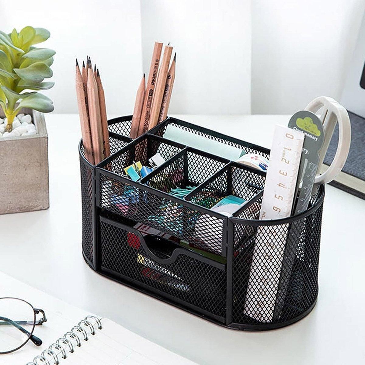 Creative Metal Desktop Pen Holder Multi-function Storage Box Organizer Rack - Grey