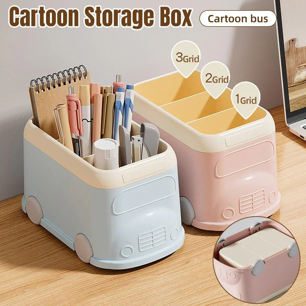 Cartoon Desktop Pen Holder Multi-Compartment Stationery Organizer Storage Box - Blue