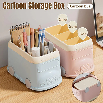Cartoon Desktop Pen Holder Multi-Compartment Stationery Organizer Storage Box - Blue