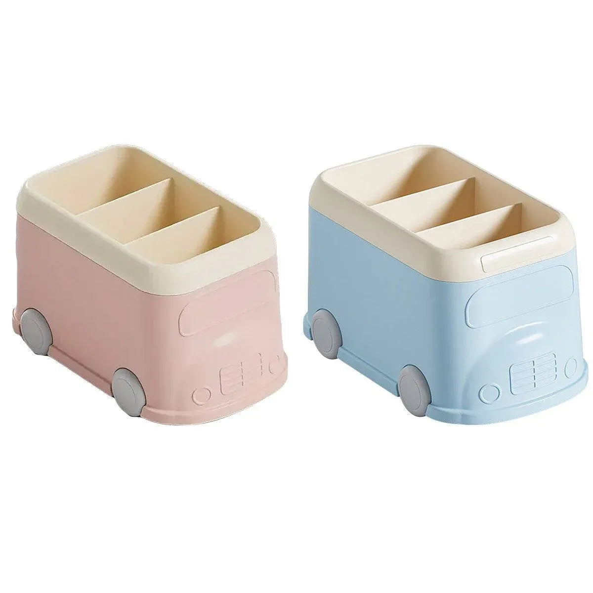 Cartoon Desktop Pen Holder Multi-Compartment Stationery Organizer Storage Box - Blue