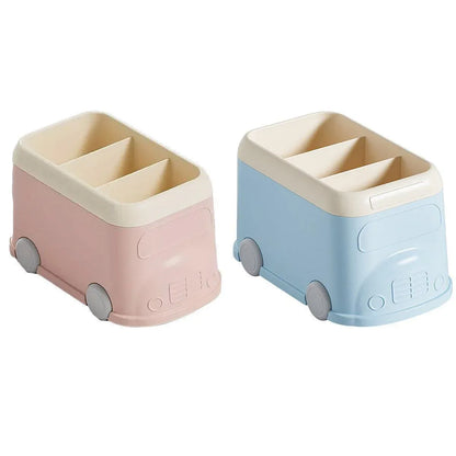 Cartoon Desktop Pen Holder Multi-Compartment Stationery Organizer Storage Box - Blue
