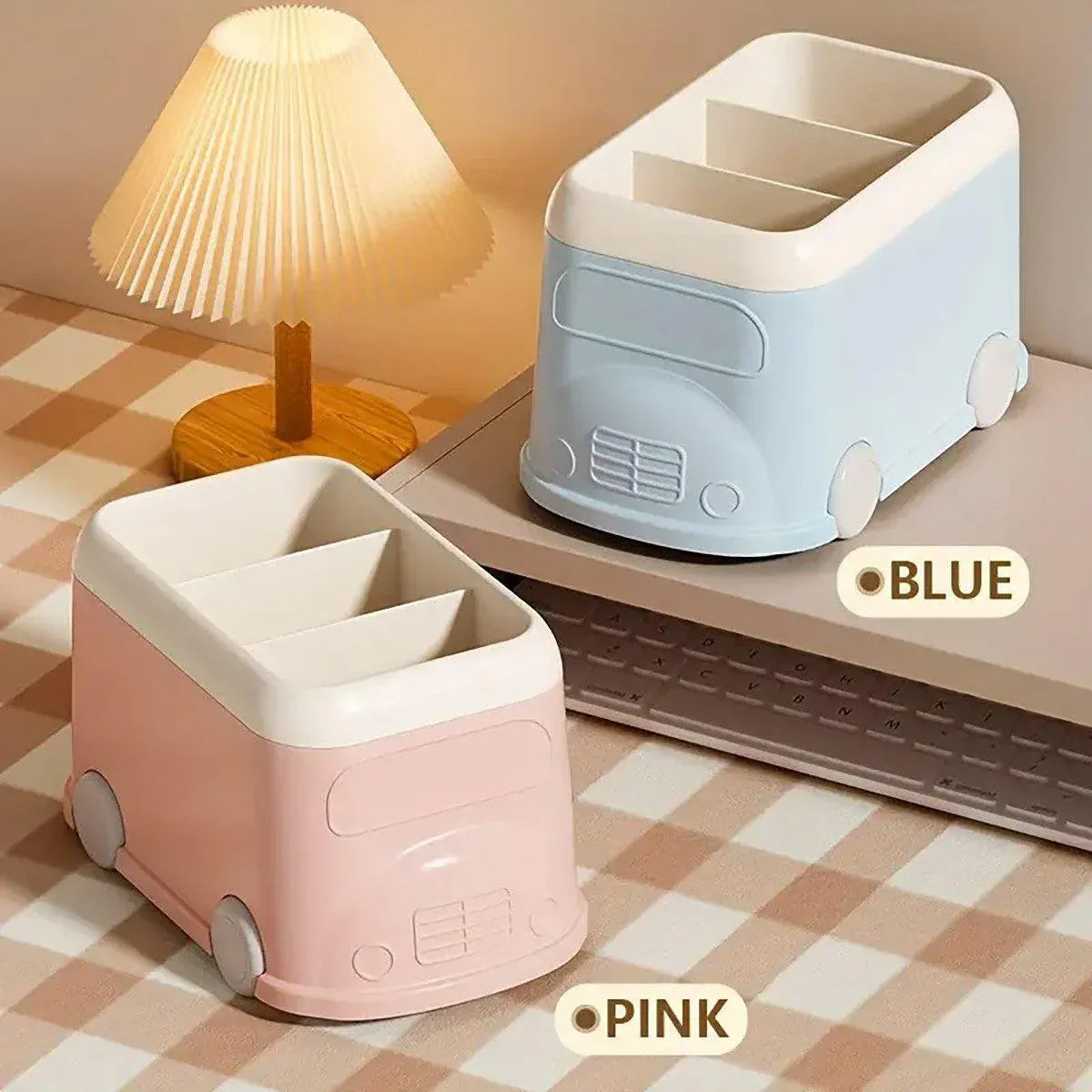 Cartoon Desktop Pen Holder Multi-Compartment Stationery Organizer Storage Box - Blue