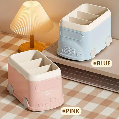 Cartoon Desktop Pen Holder Multi-Compartment Stationery Organizer Storage Box - Blue