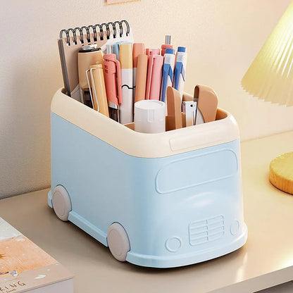 Cartoon Desktop Pen Holder Multi-Compartment Stationery Organizer Storage Box - Blue