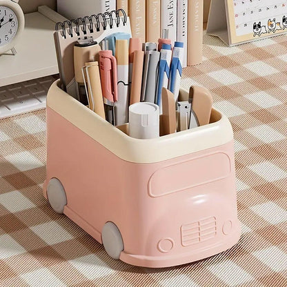 Cartoon Desktop Pen Holder Multi-Compartment Stationery Organizer Storage Box - Blue