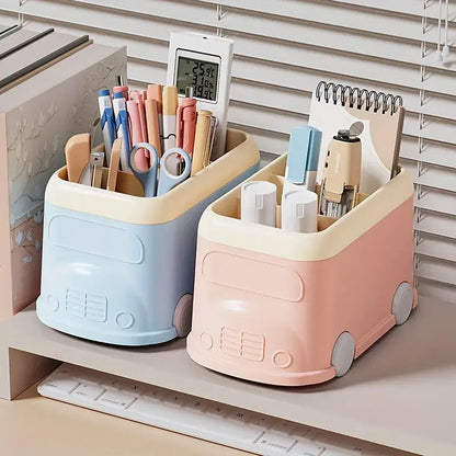 Cartoon Desktop Pen Holder Multi-Compartment Stationery Organizer Storage Box - Blue