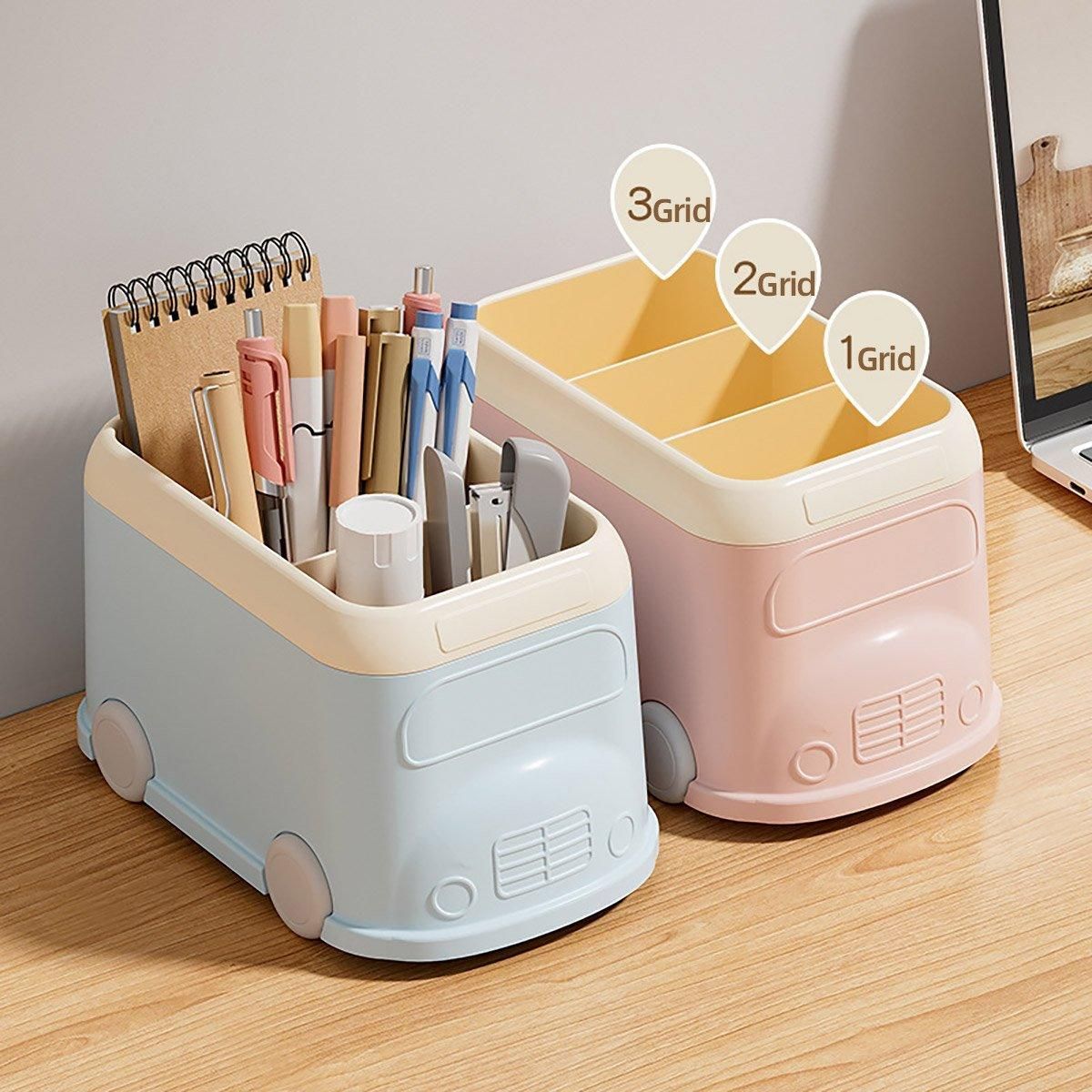 Cartoon Desktop Pen Holder Multi-Compartment Stationery Organizer Storage Box - Blue