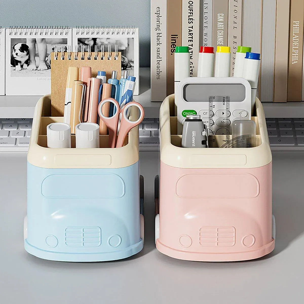 Cartoon Desktop Pen Holder Multi-Compartment Stationery Organizer Storage Box - Blue
