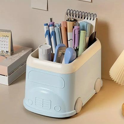 Cartoon Desktop Pen Holder Multi-Compartment Stationery Organizer Storage Box - Blue