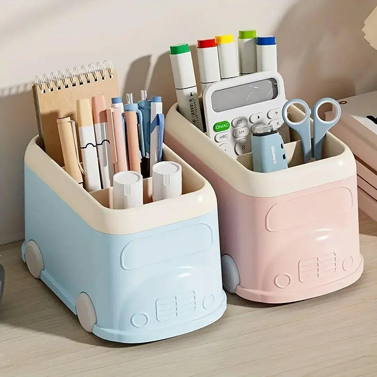 Cartoon Desktop Pen Holder Multi-Compartment Stationery Organizer Storage Box - Blue