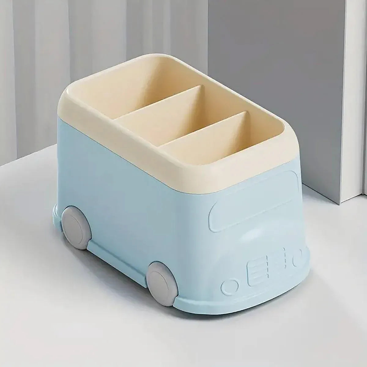 Cartoon Desktop Pen Holder Multi-Compartment Stationery Organizer Storage Box - Blue