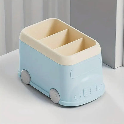 Cartoon Desktop Pen Holder Multi-Compartment Stationery Organizer Storage Box - Blue