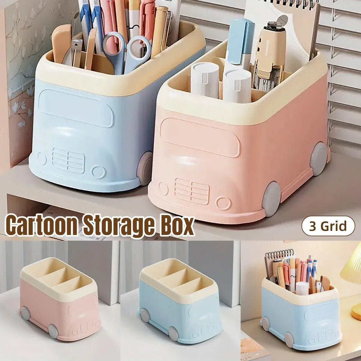 Cartoon Desktop Pen Holder Multi-Compartment Stationery Organizer Storage Box - Blue